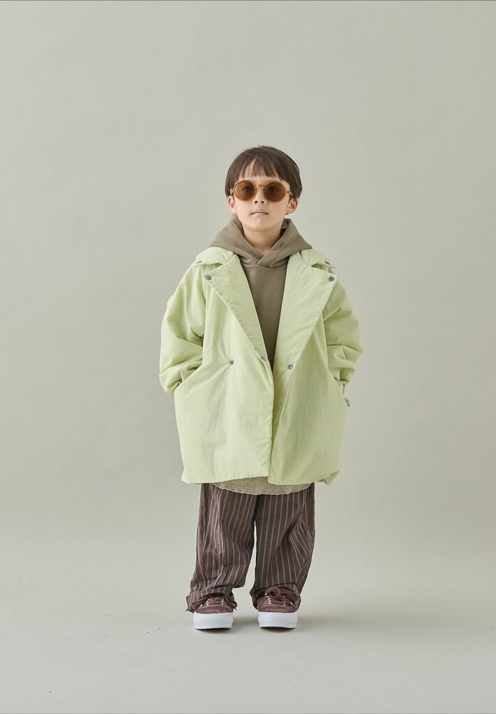 Oversized Light Green Jacket + Olive Hoodie + Brown Striped Pants + Brown Sneakers