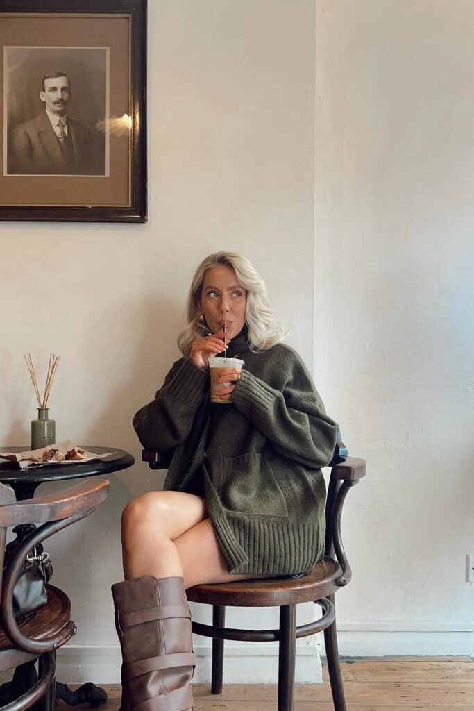 Oversized Olive Green Knit Cardigan/Sweater Dress + Brown Buckled Knee-High Boots