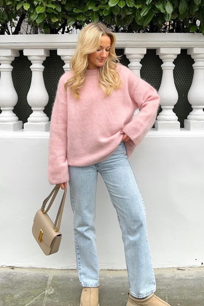 Oversized Pink Fluffy Sweater + Light Wash Straight-leg Jeans + Tan Ugg-style Boots
