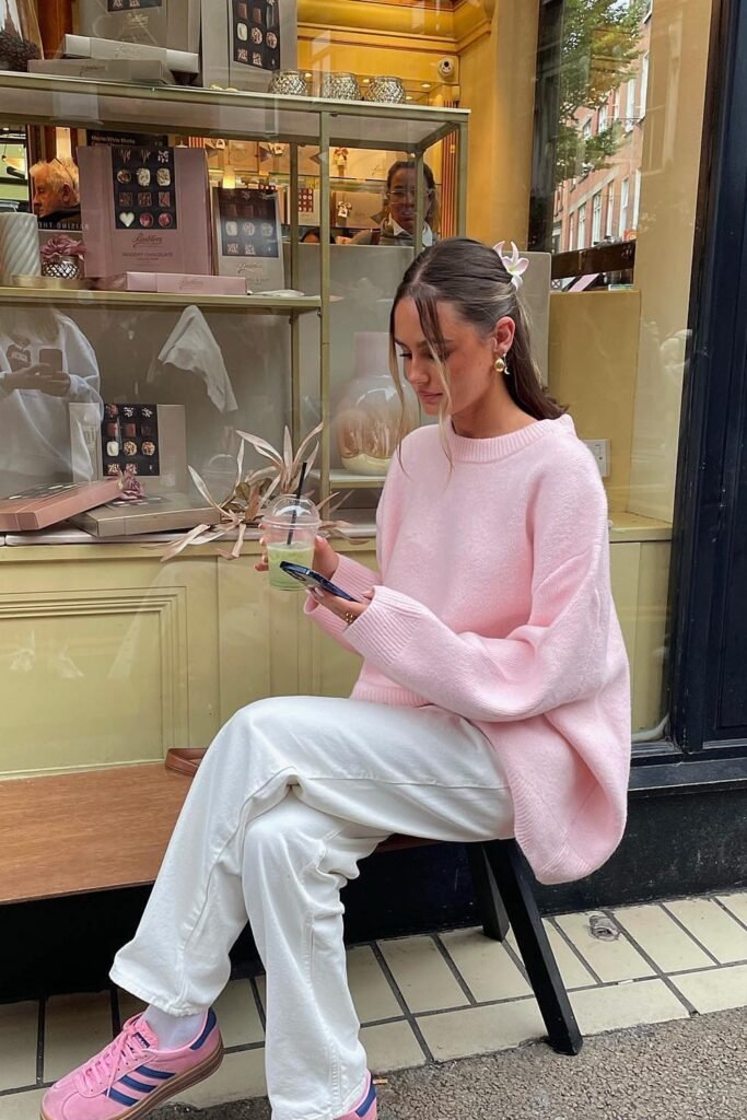 Oversized Pink Sweater + White Wide-Leg Pants + Pink Sneakers
