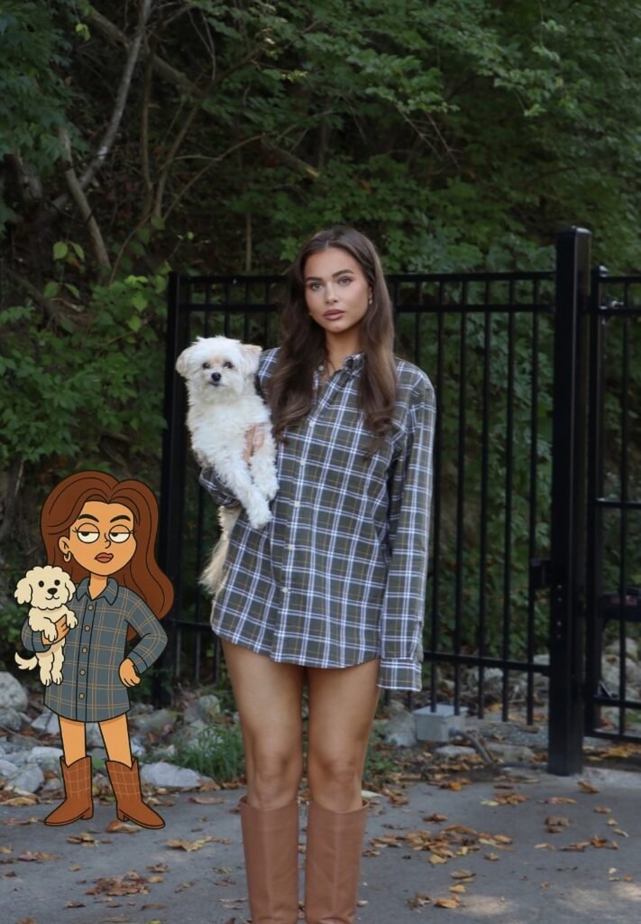 Oversized Plaid Shirt Dress + Camel Knee-High Boots + Minimal Accessories + Small White Dog
