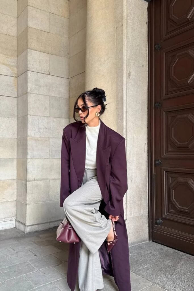 Oversized Purple Long Coat + White High-Neck Top + Grey Wide-Leg Trousers