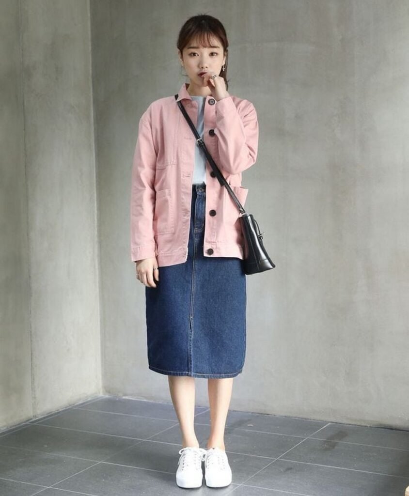 Pastel Pink Jacket and Denim Skirt
