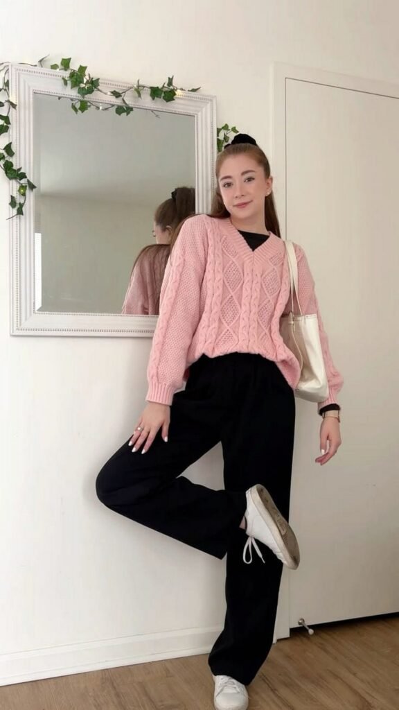 Pastel Pink Sweater and Black Trousers