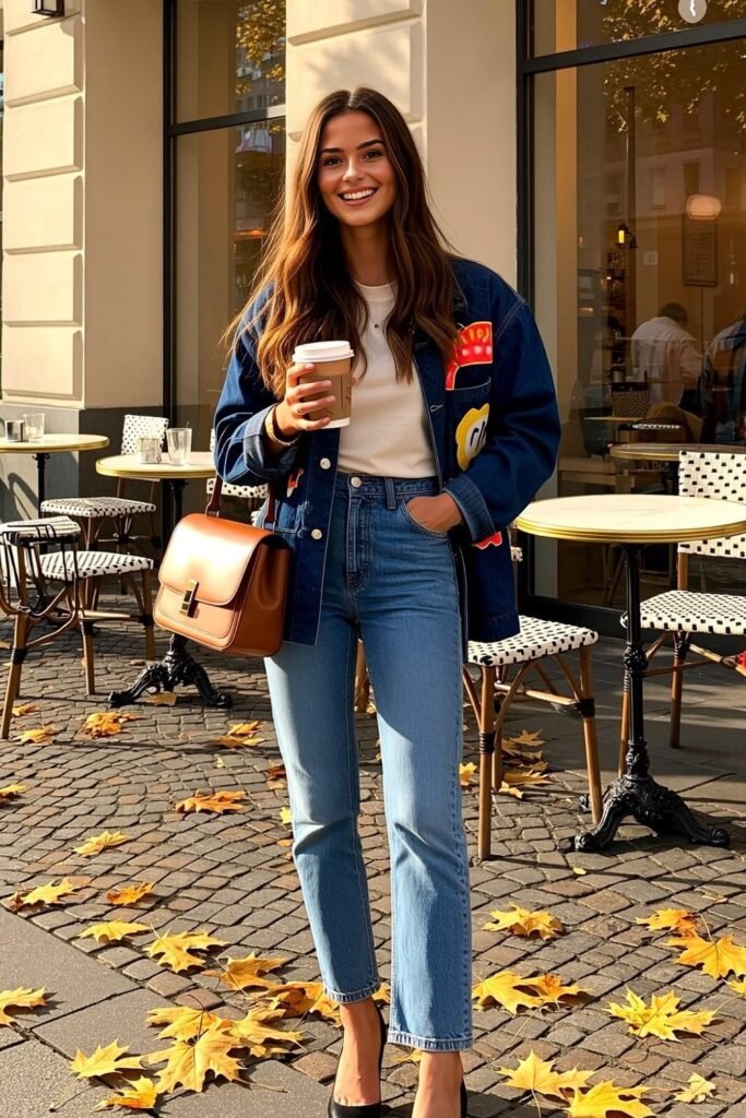 Patched Denim Jacket + Cream Top + Mid-Wash Straight-Leg Jeans + Black Heels