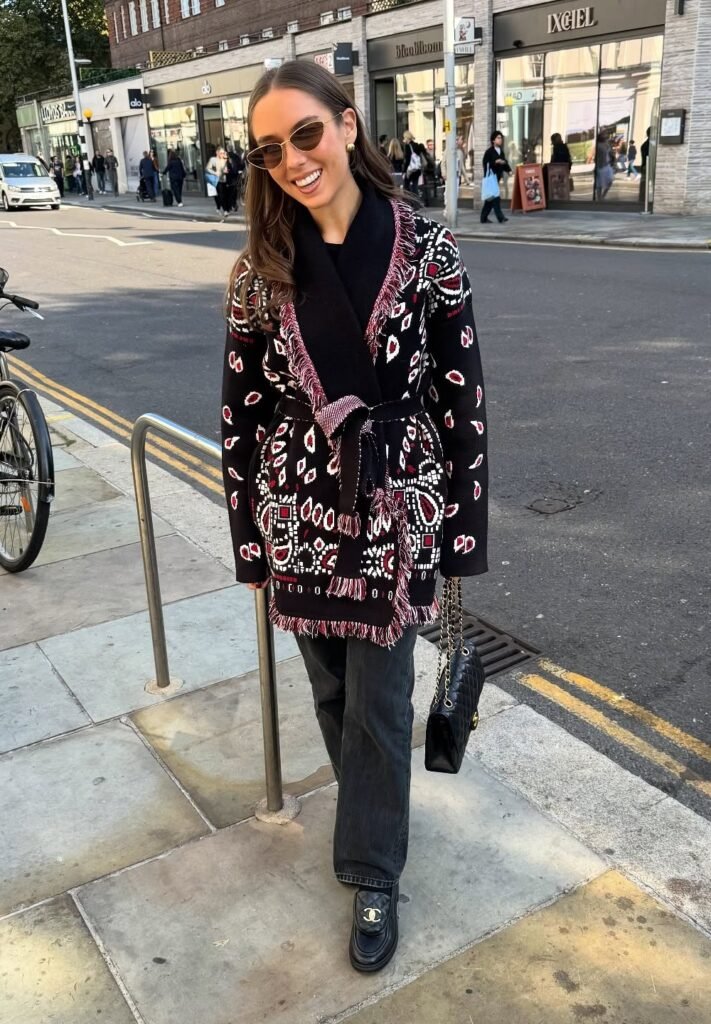 Patterned Fringe Cardigan + Black Scarf + Charcoal Relaxed Jeans + Black Platform Shoes