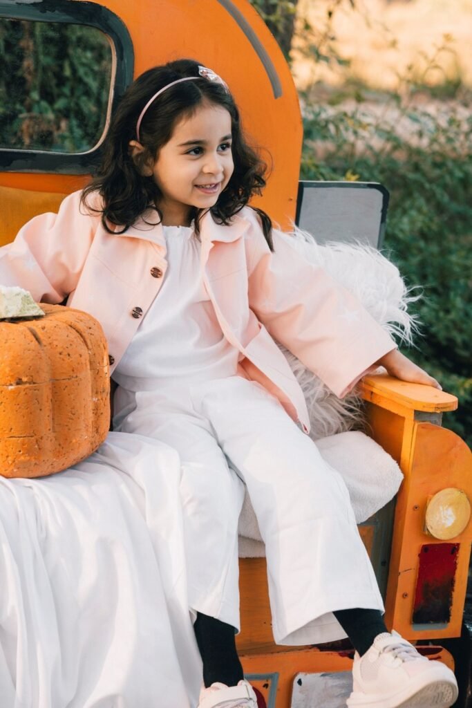 Peach Button-Up Jacket + White Top + White Pants + White Sneakers + Pink Headband