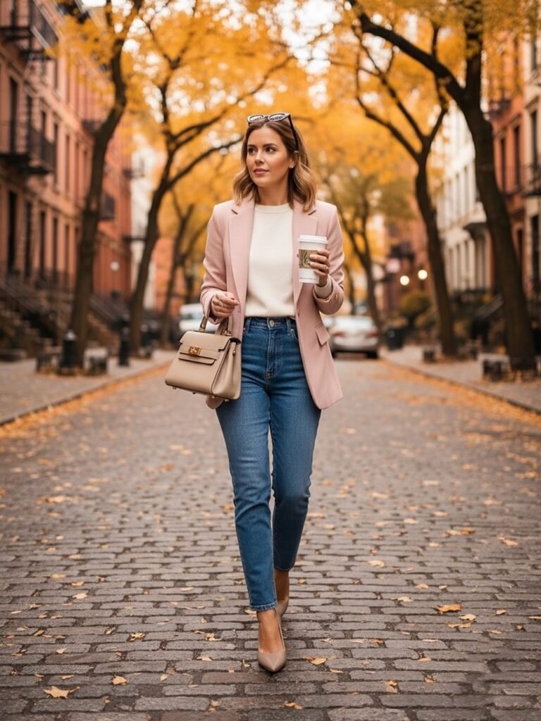 Pink Blazer + White Sweater + Blue Skinny Jeans + Nude Heels