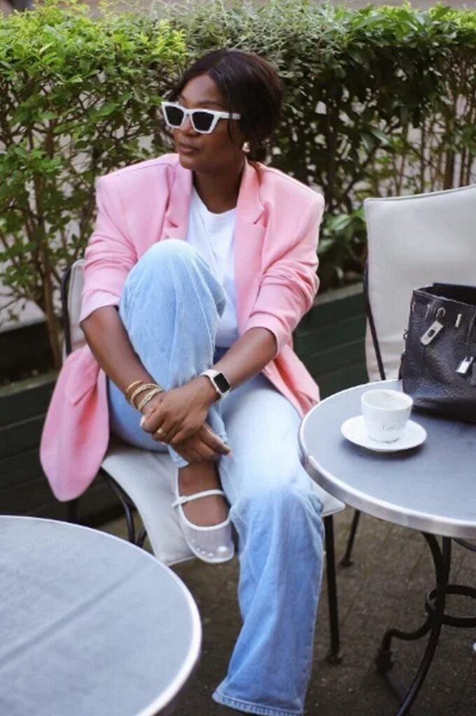 Pink Blazer + White T-Shirt + Light Wash Straight Leg Jeans + White Pearl Embellished Flats + Black Hermes Birkin Bag