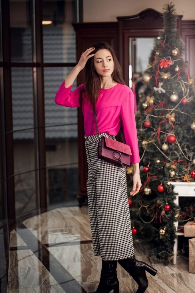 Pink Blouse and Gingham Skirt with Ankle Boots