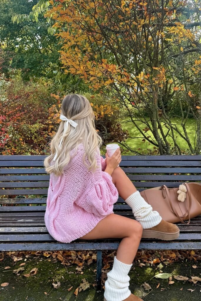 Pink Cable Knit Oversized Sweater + White Leg Warmers + Brown Platform Boots