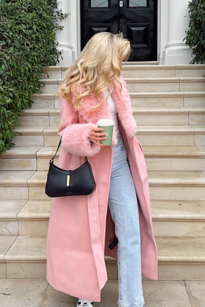 Pink Faux Fur Trim Coat + White Top + Light Wash Straight-leg Jeans + Black Shoulder Bag