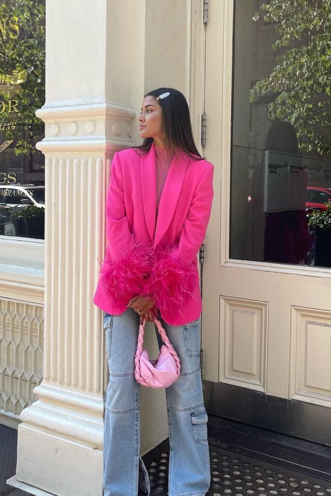 Pink Feather-Trim Blazer + Pink Sheer Top + Light Wash Cargo Jeans + Pink Braided Bag