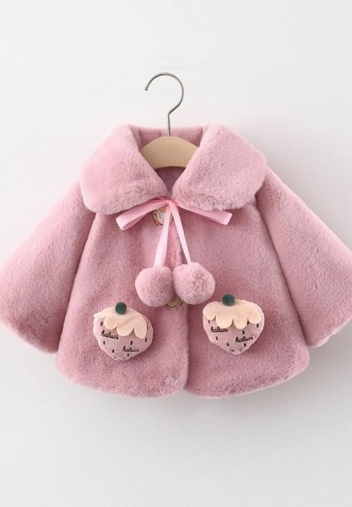 Pink Fuzzy Coat with Strawberry Pockets + Pom-Pom Ties