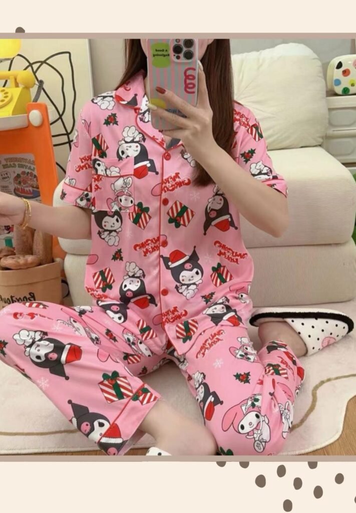 Pink Kuromi/My Melody Christmas Print Pajamas + Slippers
