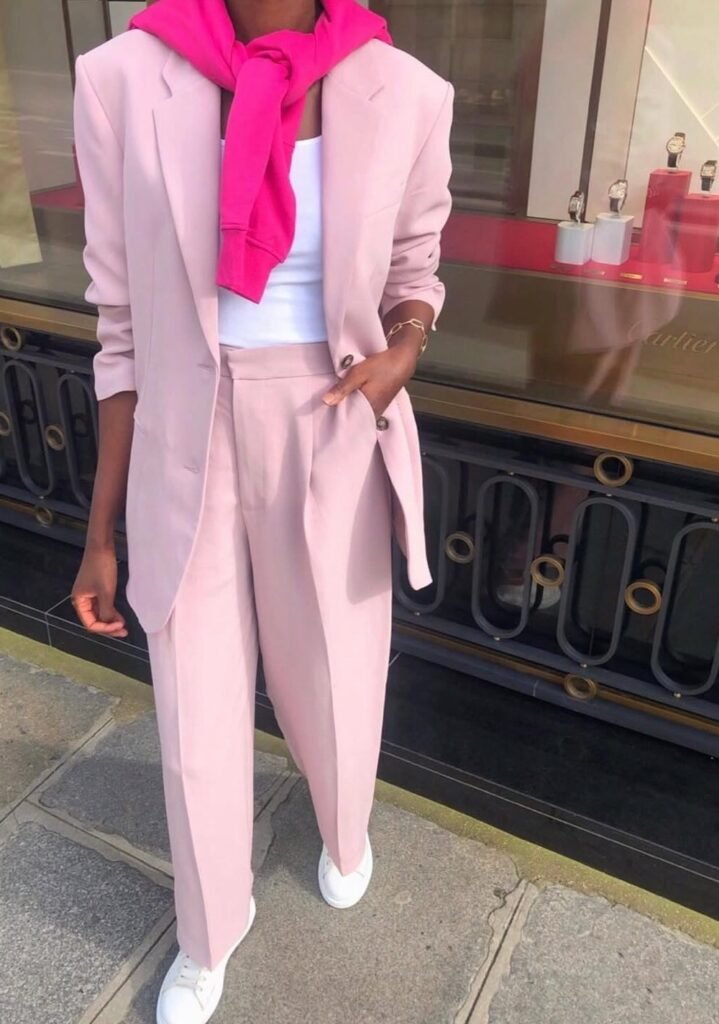 Pink Oversized Suit + White Tank Top + Hot Pink Sweater Draped + White Sneakers