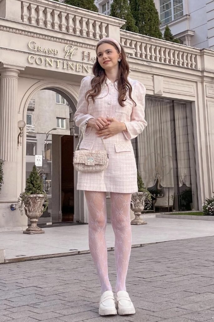 Pink Plaid Mini Dress + White Tights + White Slip-on Shoes