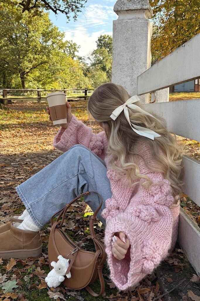 Pink Pom-Pom Knit Sweater + Light Wash Straight-Leg Jeans + Tan Ankle Boots + White Ribbon Hair Tie + Brown Half-Moon Bag