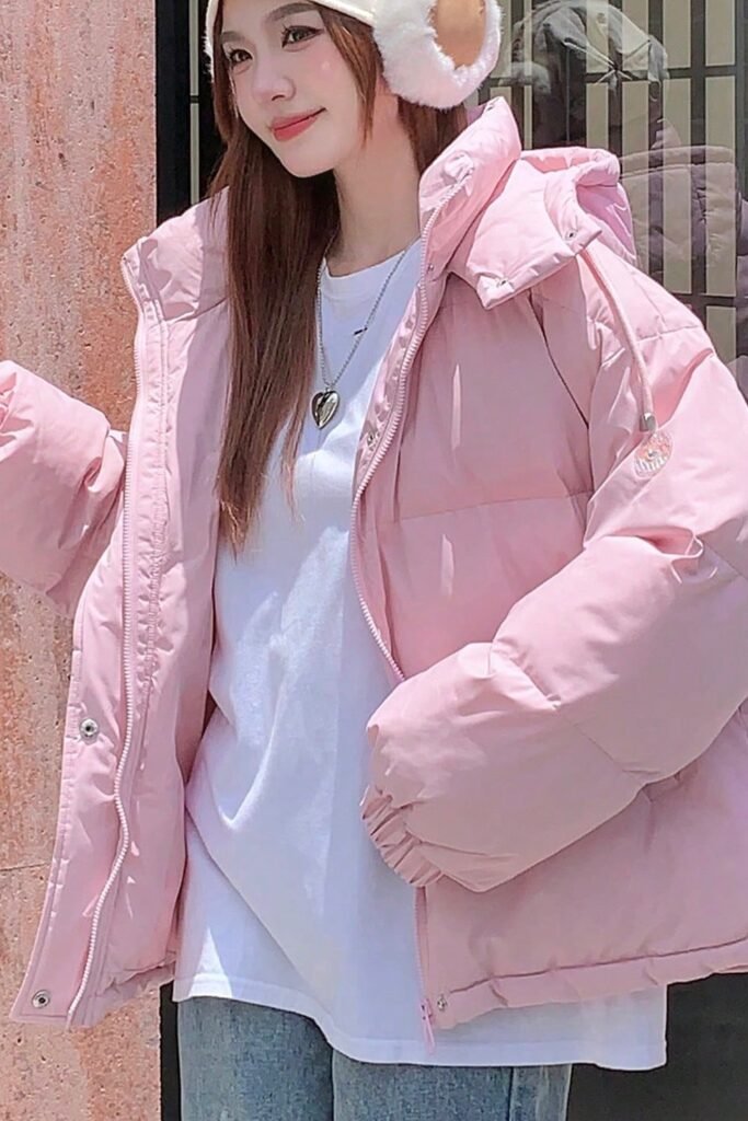 Pink Puffer Jacket + White T-Shirt + Blue Jeans + White Earmuffs + Heart Pendant Necklace