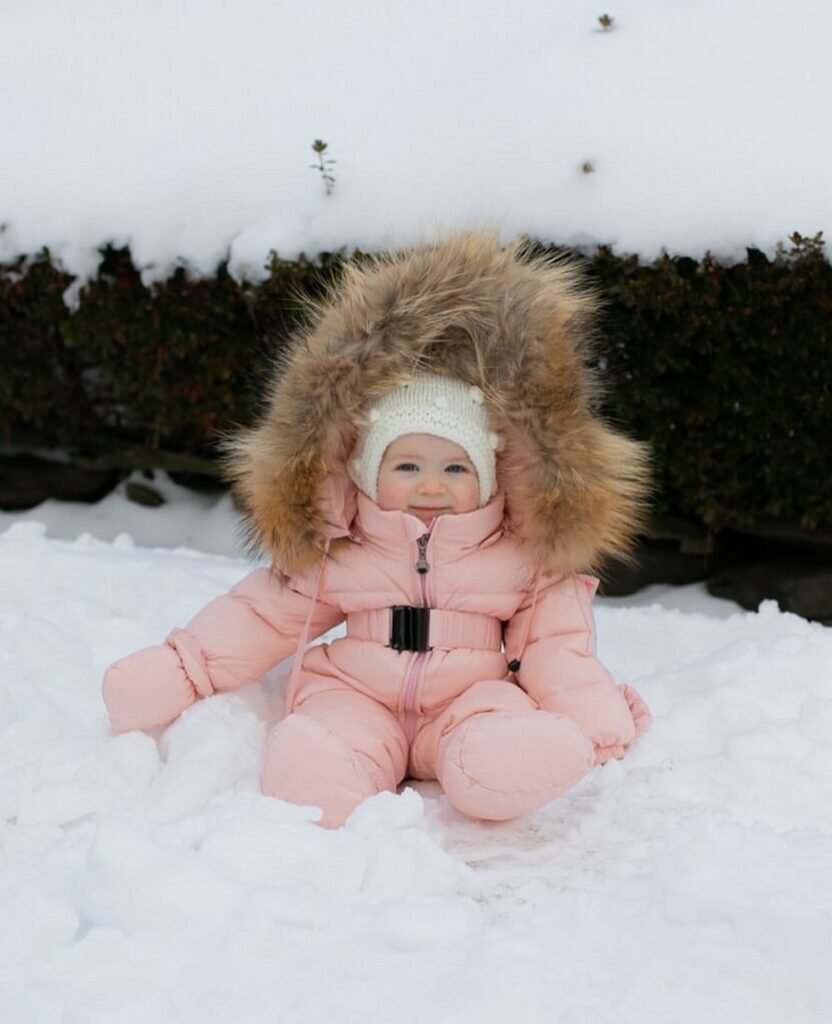 Pink Puffer Snowsuit + Fur-Lined Hood + White Beanie + Snow Mittens
