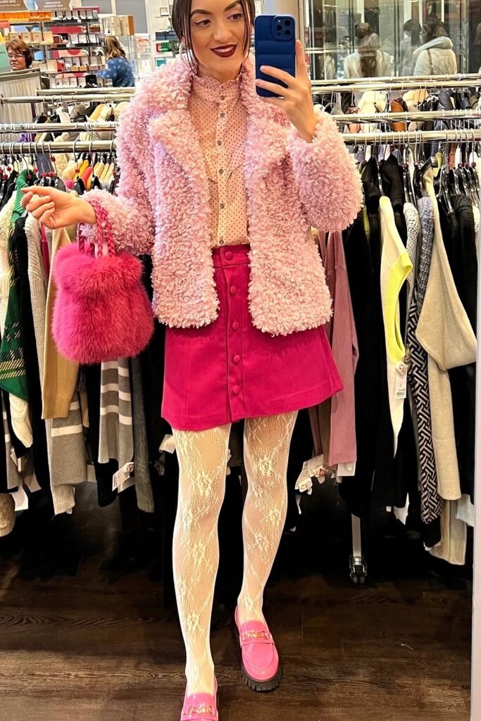 Pink Teddy Fleece Jacket + Pink Polka Dot Shirt + Hot Pink Mini Skirt + White Lace Patterned Tights + Pink Loafers + Hot Pink Faux Fur Bag