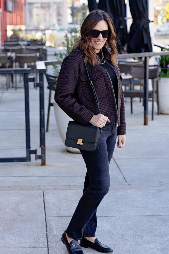 Plaid Brown and Black Zip Jacket + Black Turtleneck + Dark Wash Straight Leg Jeans + Black Loafers + Black Shoulder Bag