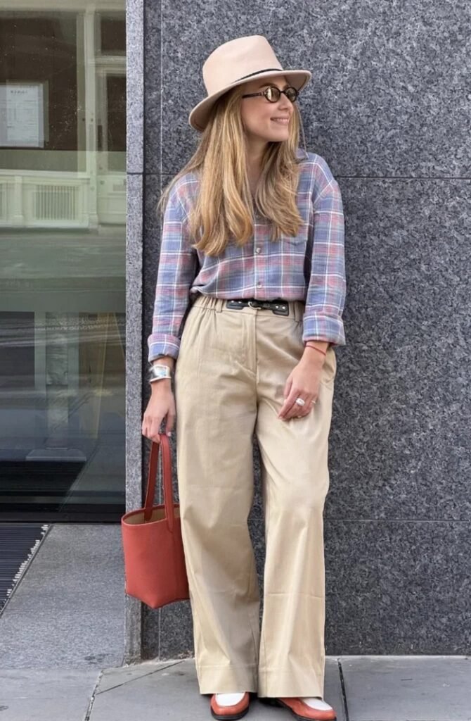 Plaid Button-Up Shirt + High-Waisted Cream Trousers + Brown Wide-Brim Hat + Two-Tone Flats