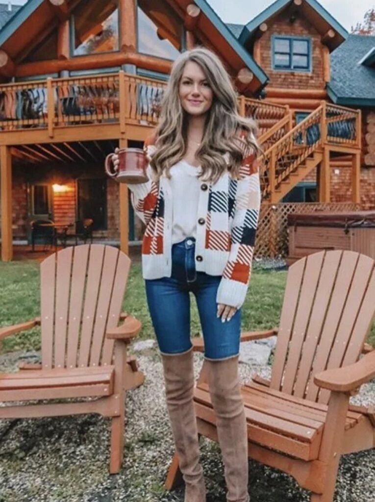 Plaid Cardigan + Soft White Tee + High-Waisted Denim Shorts + Over-the-Knee Taupe Boots