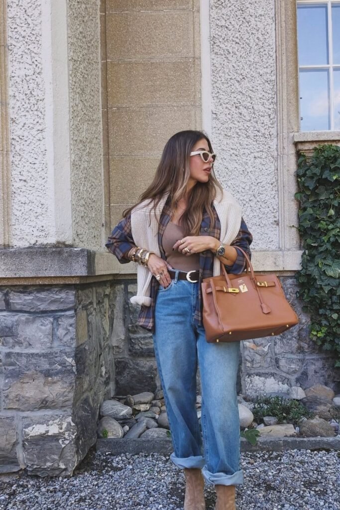 Plaid Flannel Shirt + Tan Bodysuit/Tank Top + Cream Knit Vest + Cuff Hem Jeans + Tan Ankle Boots