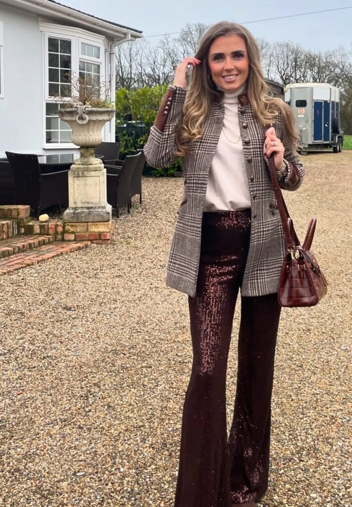 Plaid Military-Style Blazer + Cream Turtleneck + Brown Sequin Flared Trousers + Brown Handbag