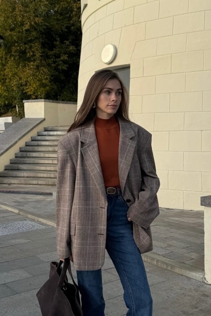 Plaid Oversized Blazer + Rust Turtleneck Sweater + Blue Jeans + Brown Belt + Brown Tote Bag