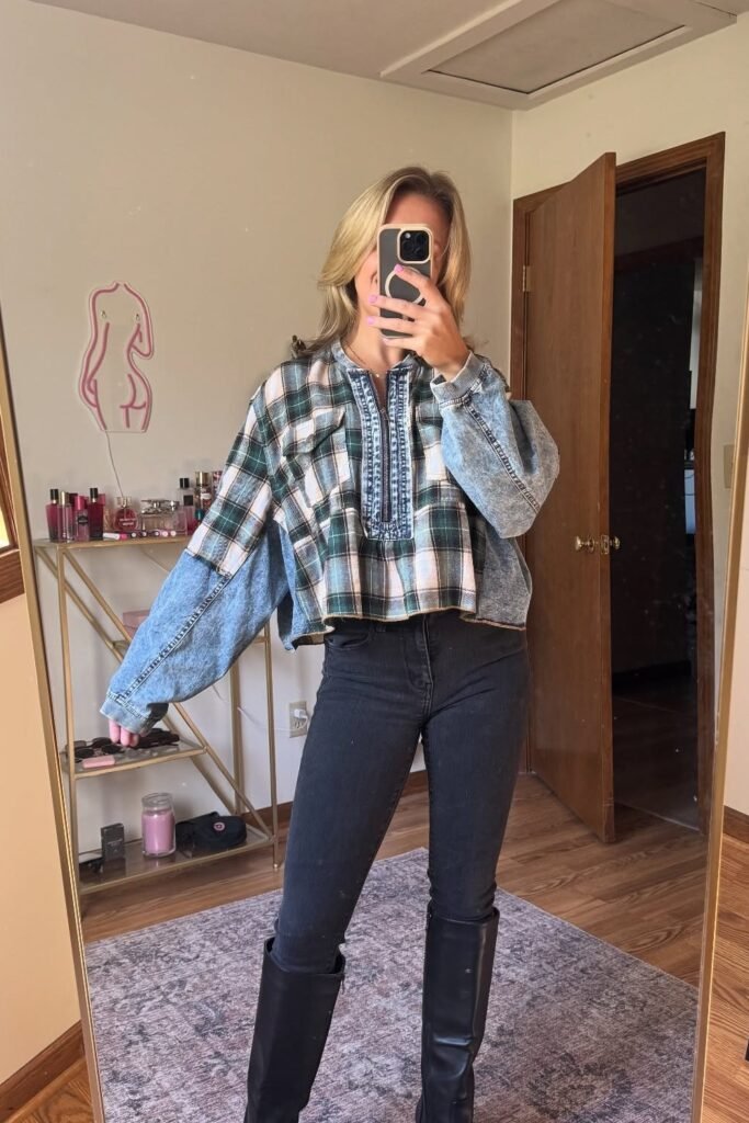 Plaid/Denim Patchwork Top + Black Skinny Jeans + Black Knee-High Boots