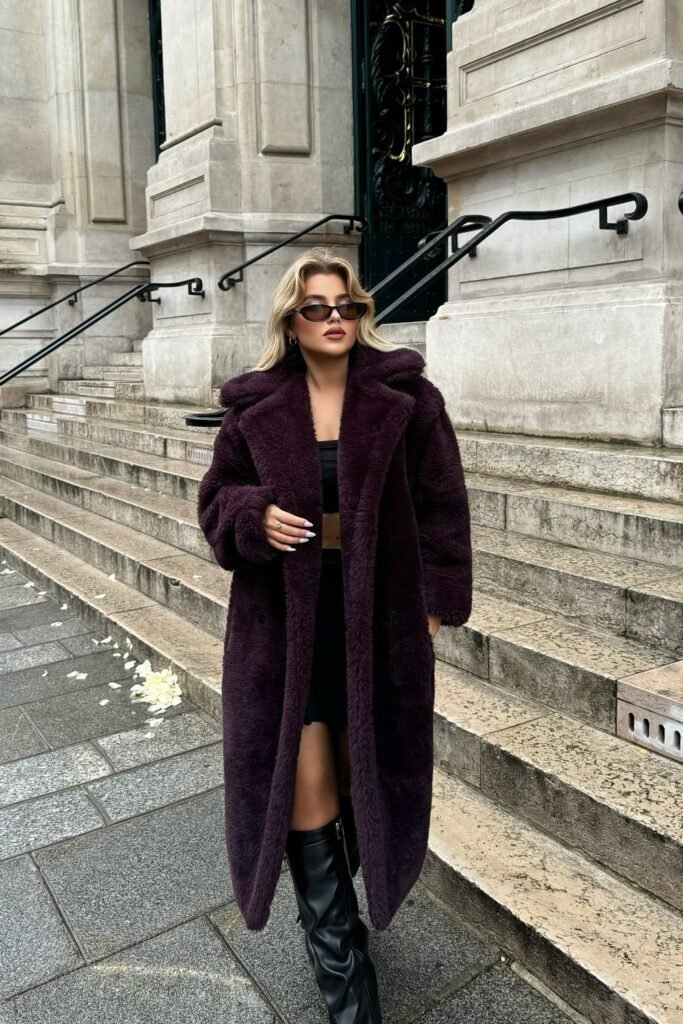 Plum/Purple Faux Fur Maxi Coat + Black Crop Top and Mini Skirt + Black Knee-High Boots