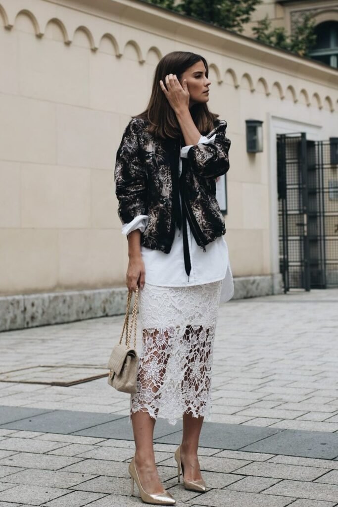 Printed Bomber Jacket + White Shirt Dress + White Lace Midi Skirt + Beige Heels + Beige Chain Bag