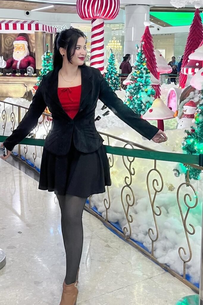 Red Cami Top + Black Mini Skirt + Black Blazer + Opaque Tights