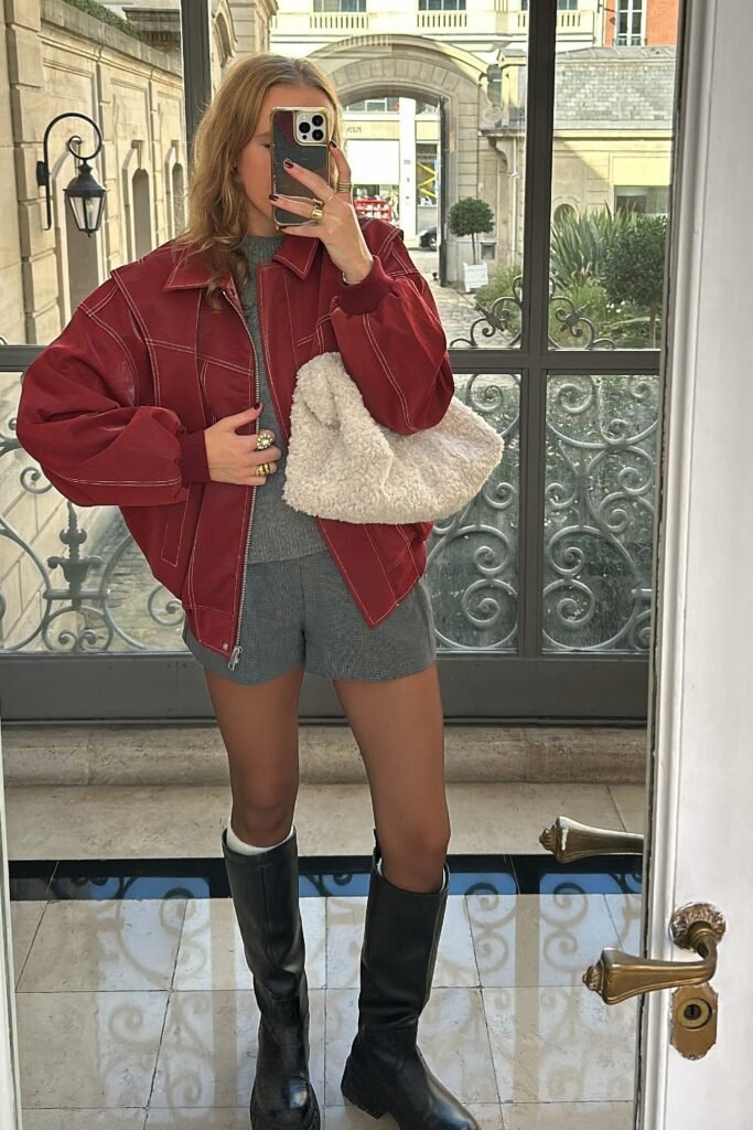 Red Contrast Stitch Bomber Jacket + Gray Knit Set + Black Knee-High Boots + White Teddy Bag