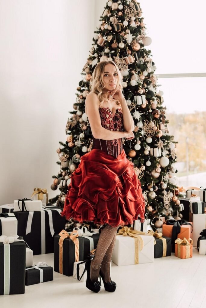 Red Corset and Ruffled Skirt with Presents