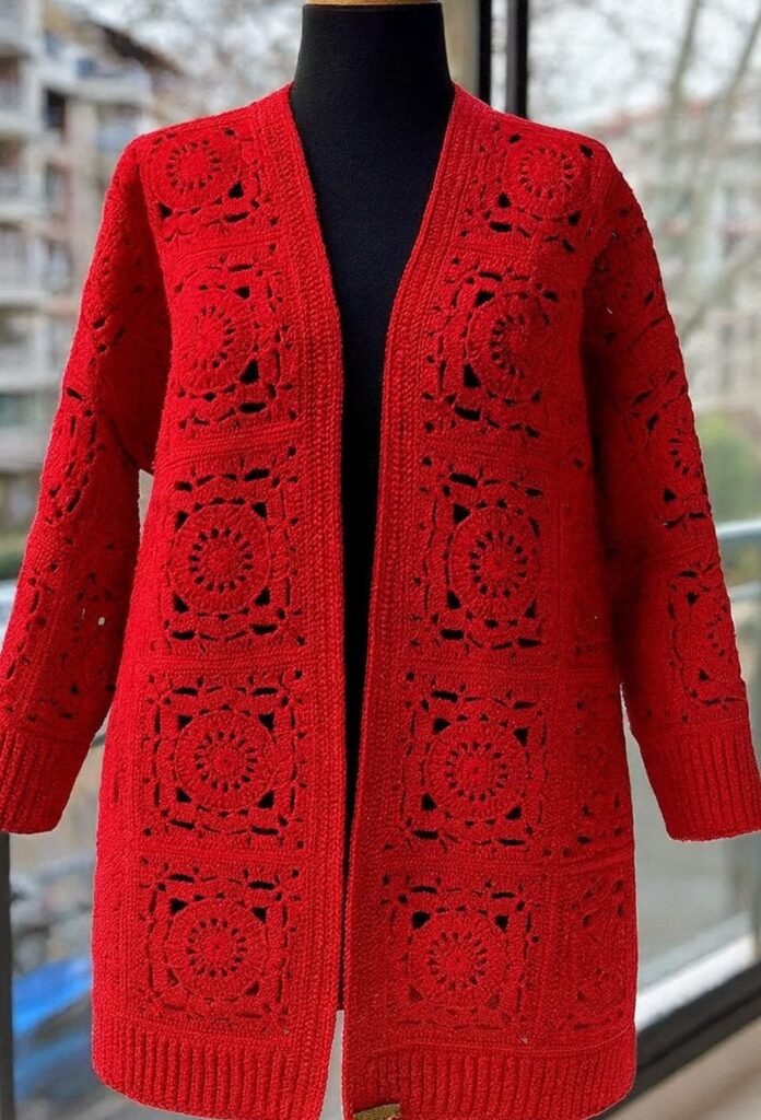 Red Crochet/Knitted Long Cardigan with Granny Square Pattern + Black Undergarment