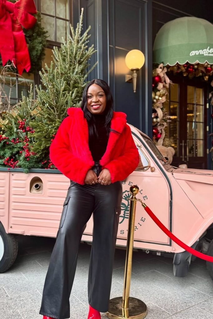 Red Faux Fur Cropped Jacket + Black Turtleneck + Black Faux Leather Cargo Pants + Red Boots