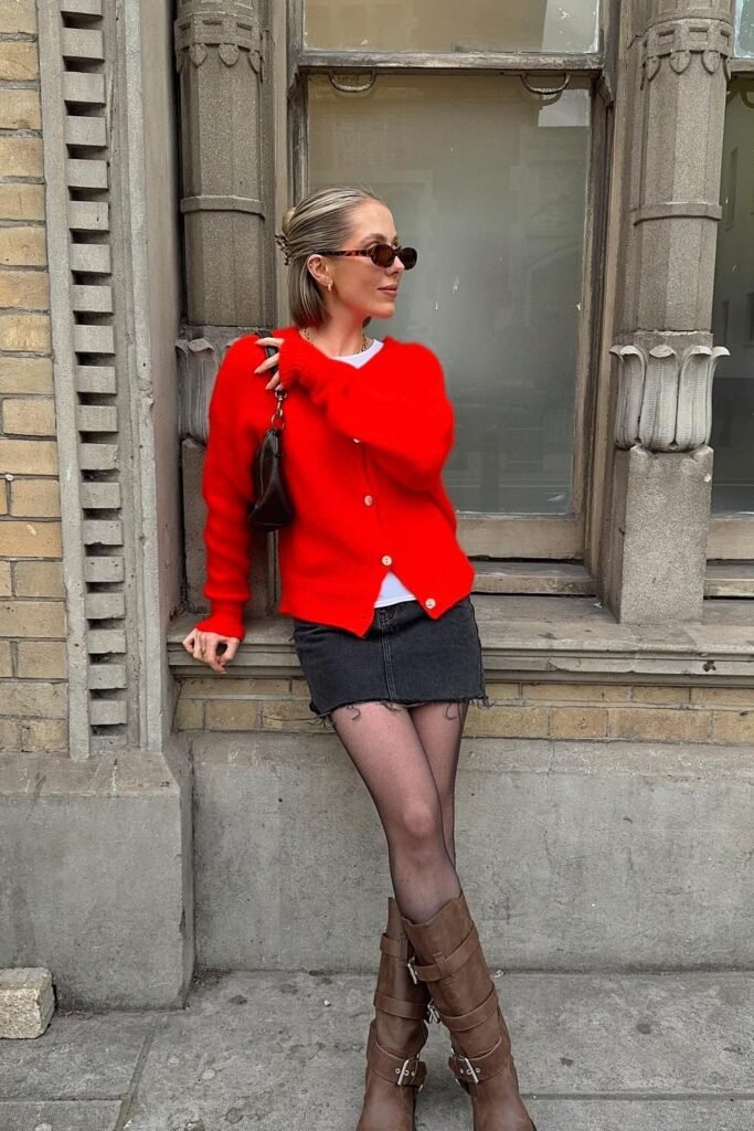 Red Fluffy Cardigan + White T-Shirt + Washed Black Denim Mini Skirt + Black Tights + Brown Buckled Knee-High Boots