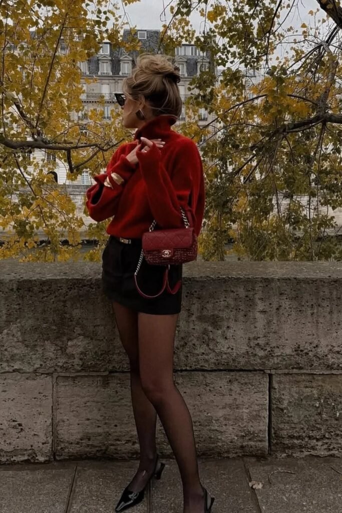 Red Fluffy Turtleneck Sweater + Black Mini Skirt + Black Opaque Tights + Black Slingback Heels + Red Quilted Crossbody Bag