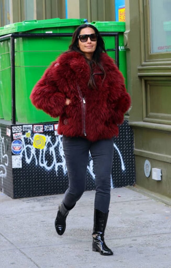 Red Fur Jacket + Charcoal Skinny Jeans + Black Mid-Calf Boots