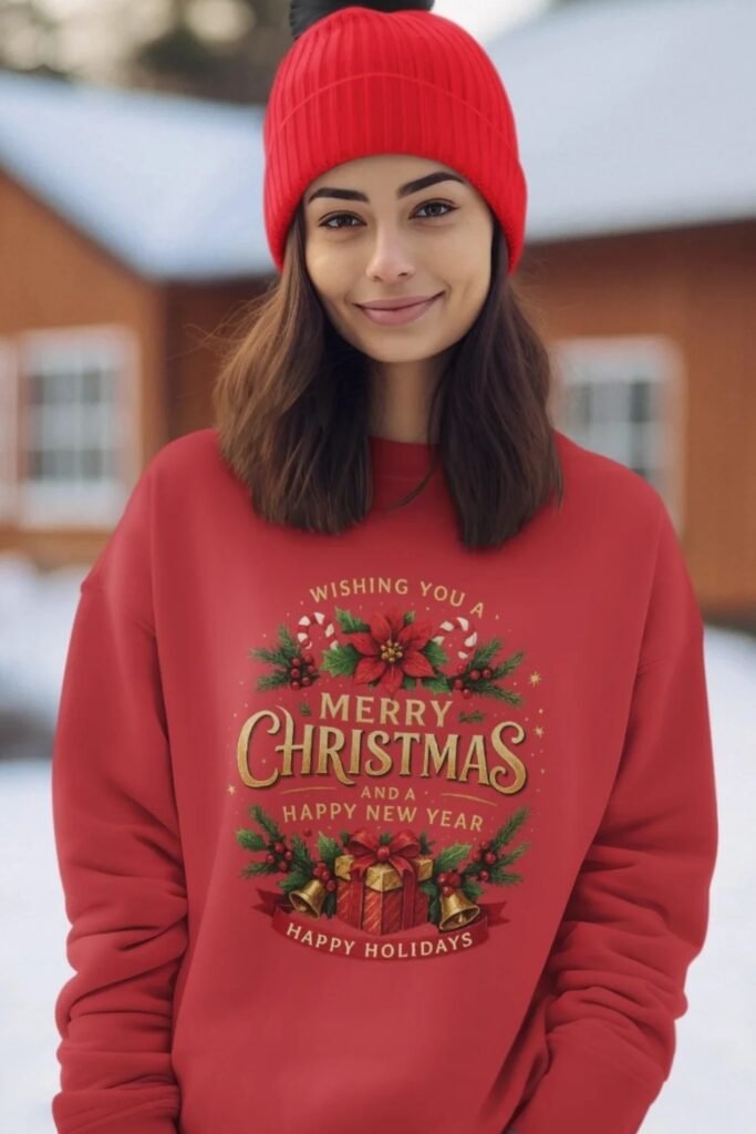 Red Holiday Graphic Sweatshirt + Red Knit Beanie