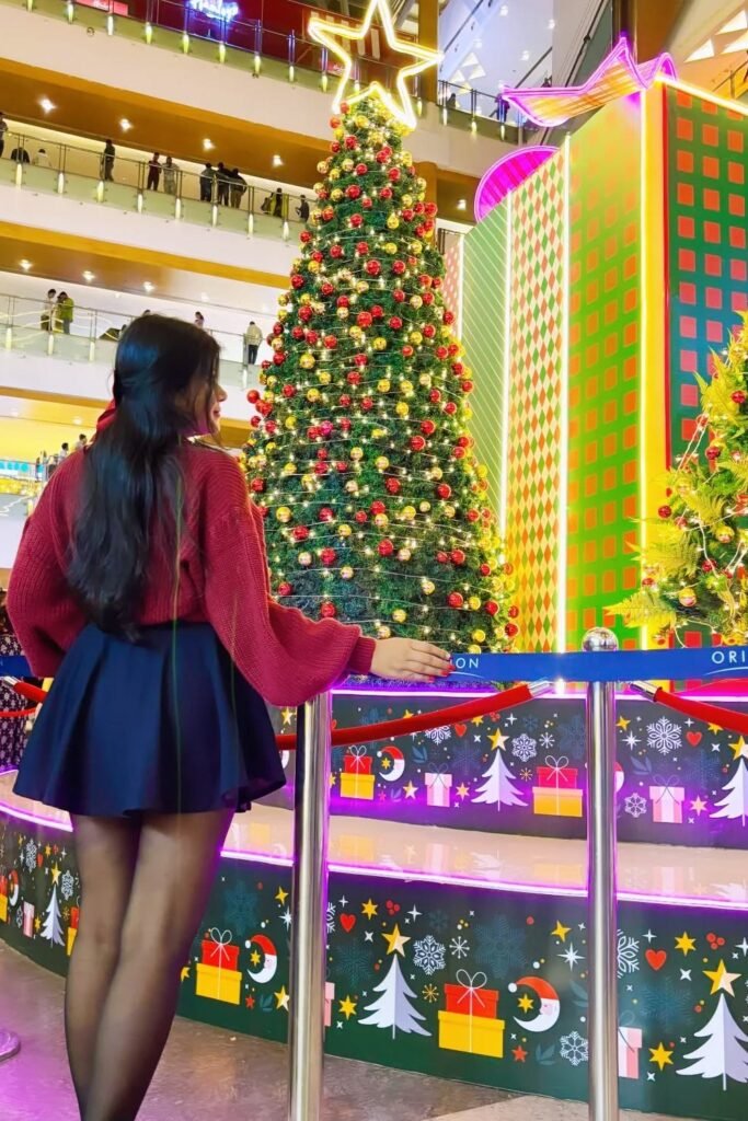 Red Knit Sweater + Dark Blue Pleated Skirt