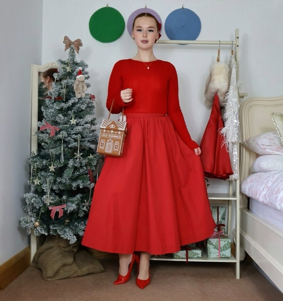 Red Long-Sleeve Sweater + Red Full Midi Skirt + Red Heels