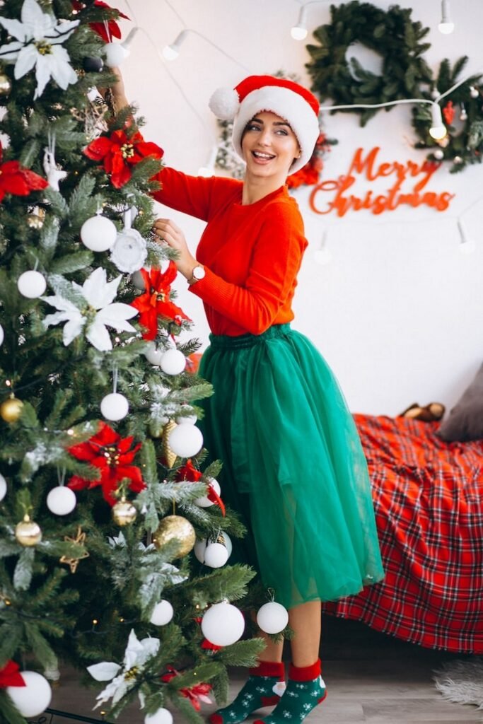 Red Long-Sleeve Top + Green Tulle Midi Skirt + Santa Hat + Christmas Socks