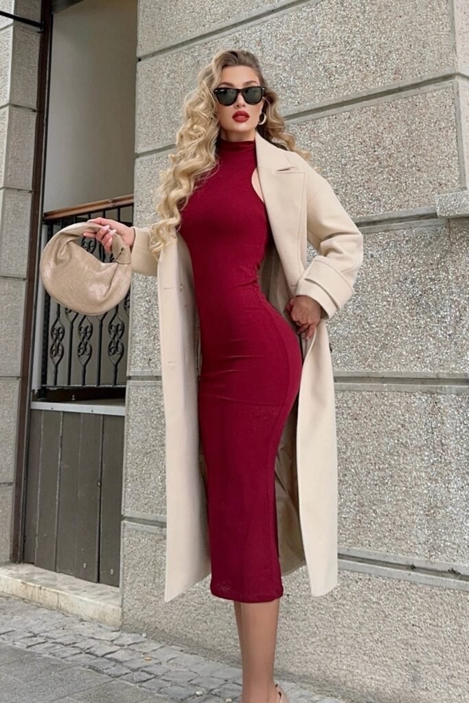 Red Mock Neck Midi Dress + Long Beige Trench Coat + Beige Pumps + Black Sunglasses