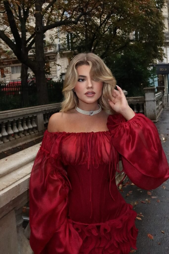 Red Off-Shoulder Satin Corset Dress + Pearl Choker Necklace + Soft Waves Hairstyle