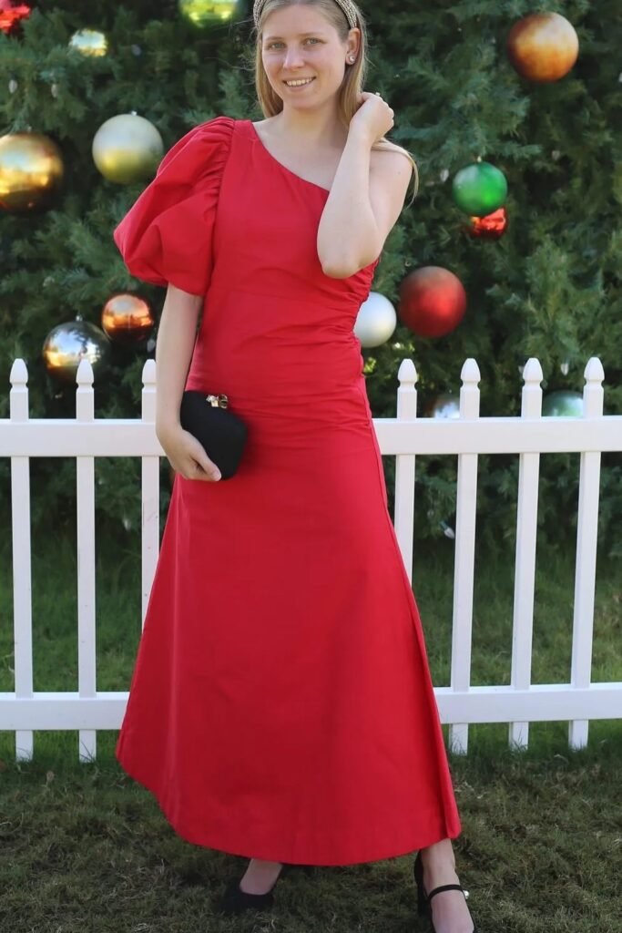 Red One-Shoulder Maxi Dress with a Puff Sleeve + Black Clutch + Gold Headband