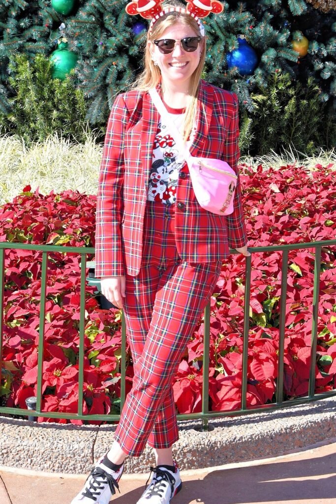 Red Plaid Blazer and Trousers + White T-Shirt with Cartoon Graphic + Pink Fanny Pack + Sneakers